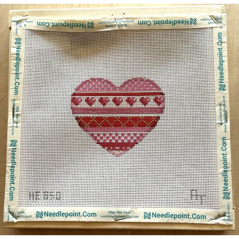 Needlepoint Canvas Handpainted Heart Pink Red Signed AT 18 Pt HE850 Wood Frame